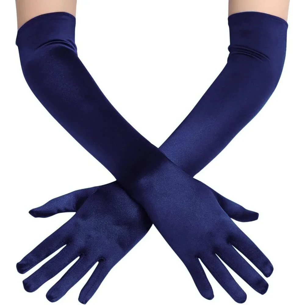 Women's Dark Blue Vintage Satin Long Gloves Party Costume Stretchy Elbow Length